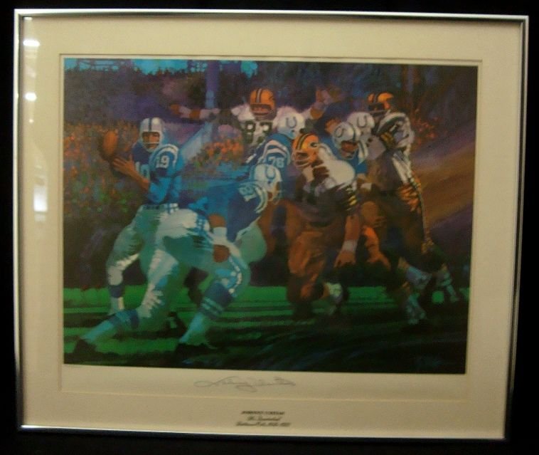 1974 Johnny Unitas Signed Ltd Ed Living Legends: Johnny Unitas Signed Limited Edition Living Legends Lithograph by famed Sports artist, Bob Peak; originally available through Sports Illustrated, piece is matted and framed to measure approx 24-3/4" x