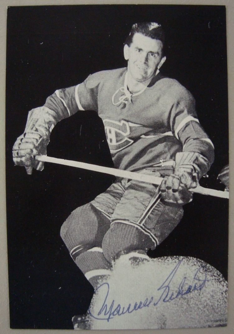 Maurice Richard Autographed 3x5 Postcard: Maurice "The Rocket" Richard Autographed 3-1/2" x 5" Postcard; signed im blue ballpoint pen; nice, clean signature by the Hockey Hall of Famer