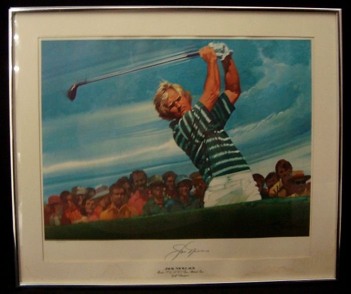 1976 Jack Nickaus Signed Ltd Ed Living Legends: Jack Nickaus Signed Limited Edition Living Legends Lithograph by famed Sports artist, Bob Peak; piece is matted and framed to measure approx 24-3/4" x 21" and is signed by the golf legend in pencil in