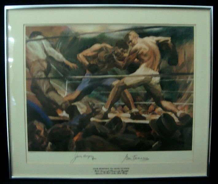 1974 Jack Dempsey Gene Tunney Signed Ltd Ed Living: Jack Dempsey Gene Tunney Signed Limited Edition Living Legends Lithograph by famed Sports artist, Gustav Rehberger; piece is matted and framed to measure approx 24-3/4" x 21" and is signed by the boxi
