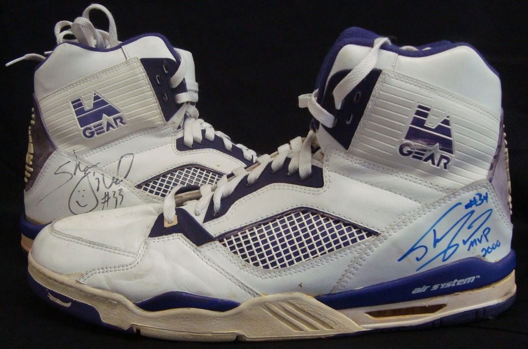 1990-91 Shaquille O'Neal Double Autographed Game Worn: 1990-91 Shaquille O'Neal Double Autographed Game Worn LA Gear Sneakers; size 18 shoes worn during 1990-91 first All-American season at LSU; game worn from the LSU vs Texas game at Houston Summitt; inc
