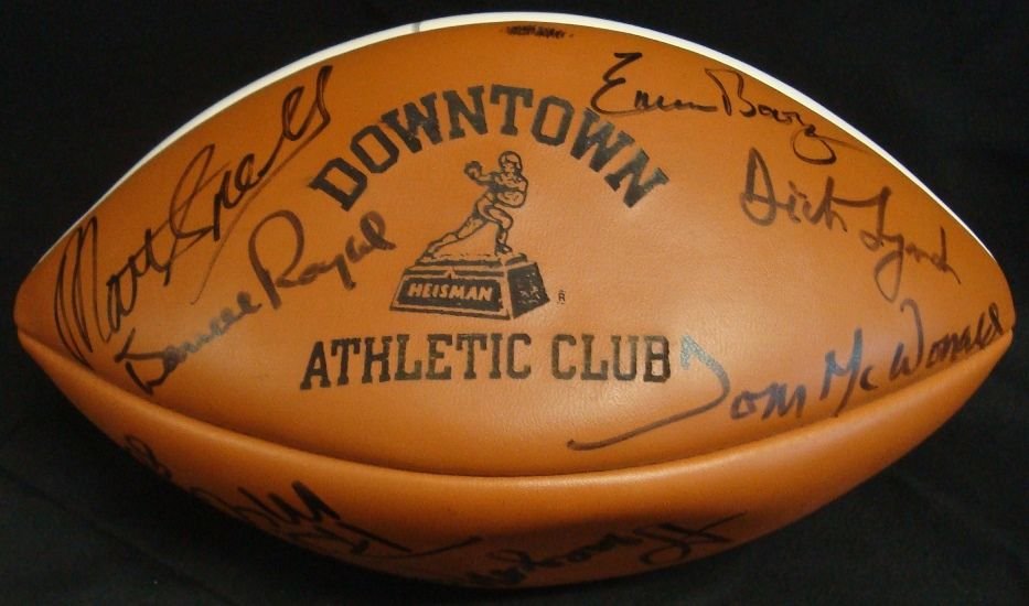 1960's Football Stars Autographed Football, (13): 1960's Football Stars Autographed Football; Downtown Athletic Club Heisman Football signed by (13) old time players; signed in black sharpie marker; signatures include Jim Brown, Ken Stabler, Matt Sne