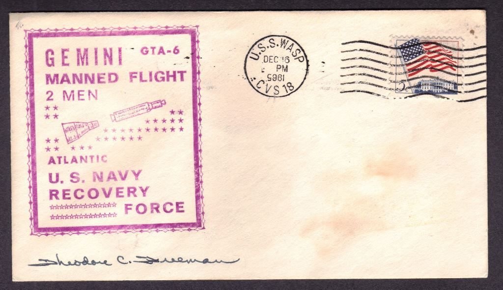Rare Theodore C. Freeman Signed Gemini Flight Cover: Rare Gemini GTA-6 Recovery cover signed by Thoedore Freeman, the first U.S. astronaut that was killed during tenure. Freeman was part of the original crew for this mission and signed the cover prior t