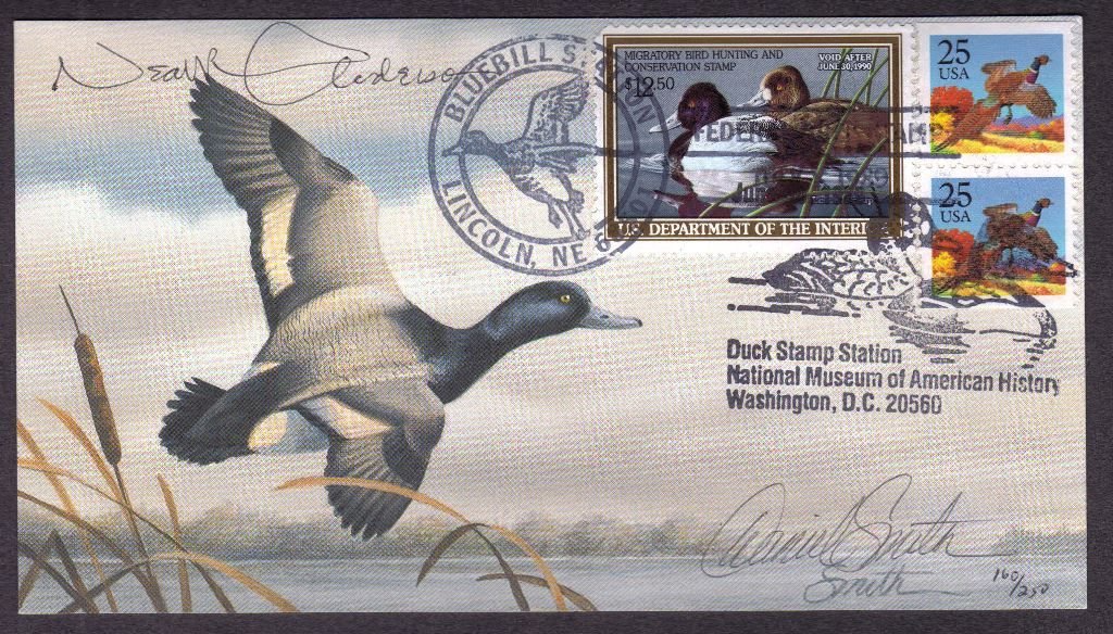 Smith - Artist Signed HP Smith Federal Duck FDC on: Interesting RW56 first day on card - signed by Daniel Smith 160/250 issued and also by duck stamp artist Neal Anderson. Nice dual signed item and a great overall design. Est.$40-60
