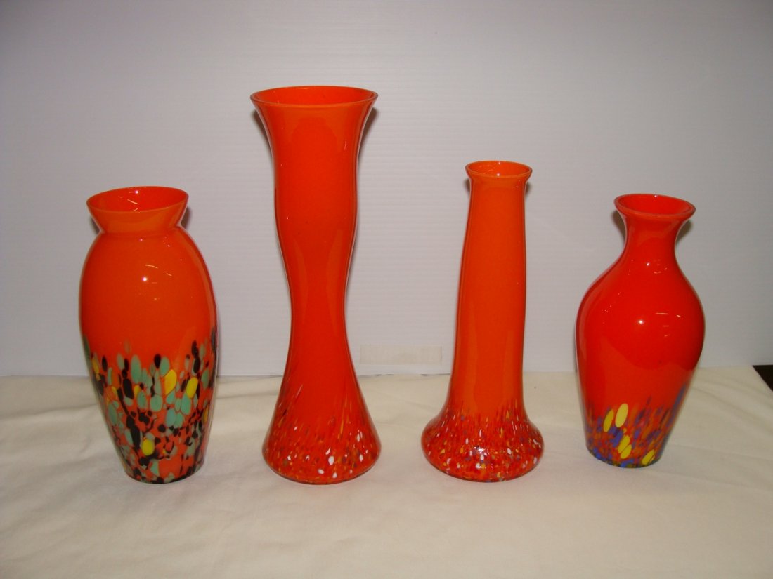 Group 4 Red tango Czech Art Glass Vases: From L-R heights are 8 1/2" , 11", 9 1/4", 8 1/4", no signatures found