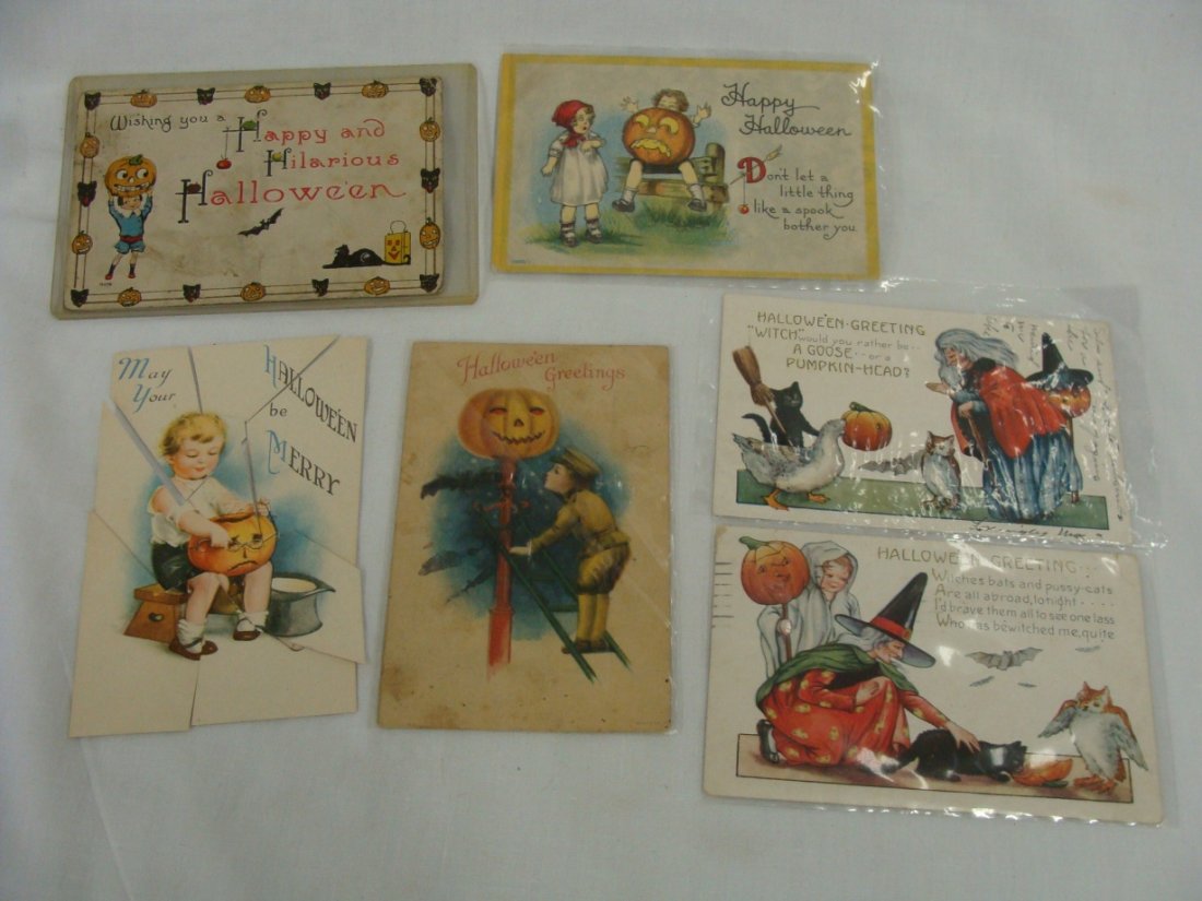 Lot 6 Halloween Postcards Wolf Whitney Bergman: 2 Wol, 2 Bergman, 2 Wolf, one cut into a puzzle