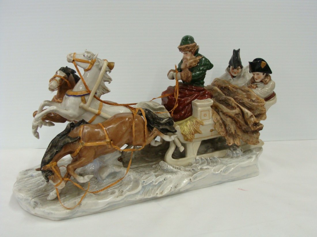 Napoleon 1812 Escape from Russia Scheibe Alsbach: 15" long, 5 1/2" wide and 7 1/2" tall, the one horses tail has a clean break and the piece is present for repair.