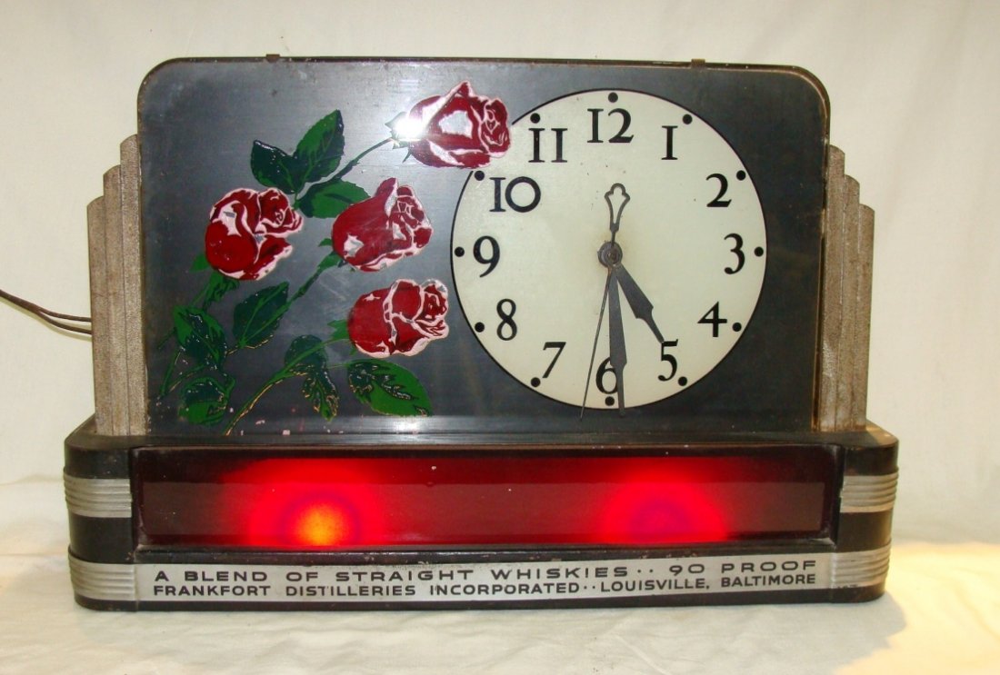 Four Roses Kentucky Whiskey Lighted Mantel Bar Clock: has Older Wiring, does light up and keep time, 18 1/4" x 4" x 12" tall