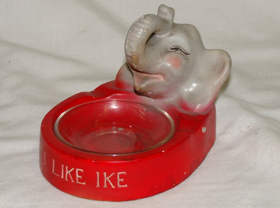 I Like Ike Chalkware Elephant Ashtray: 3 1/2" x 4 1/4" x 3 1/4" tall