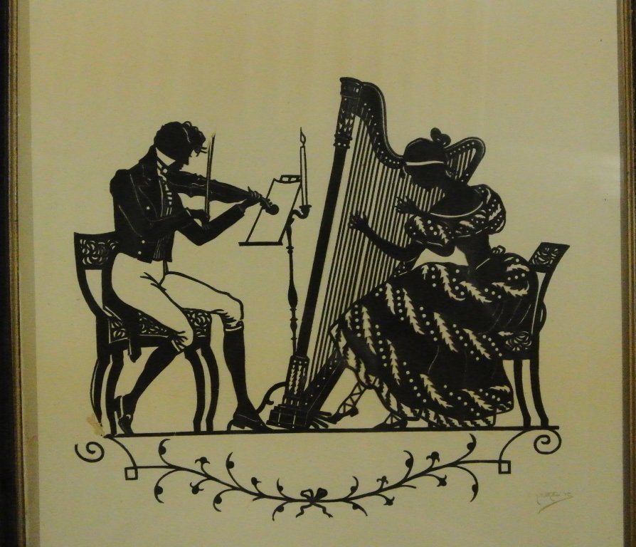Amazing K.Kaskewne Silhoutte: Lady playing a piano and a man playing violin, 6x7". Amazing detail. One tiny flaw at bottom left. Signed K.Kaskewne.