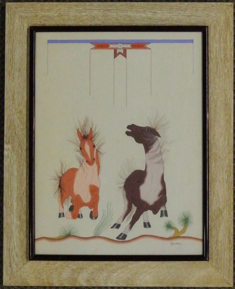 Original Tempera on Board Painting by San Carlos Apache: Original Tempera on Board Painting by San Carlos Apache Artist Wilson Dewey Titled â€œWild Horses, the painting measures 13.25â€ x 18.5â€ and the frame measures 18.75â€ x 23.5â€.