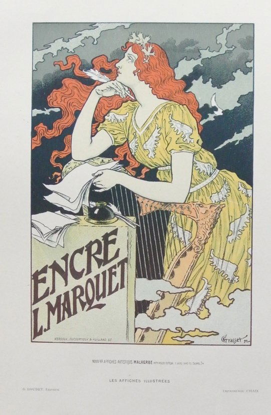 Eugene Grasset 1841-1917 Encre L.Marquet: Famous bookplate color etching of a dreamy young girl. Images viewed as 5x7.5". Dated 1892. Excellent condition.