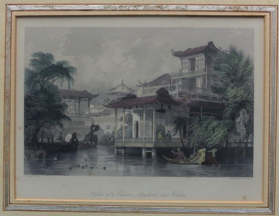 House of a Chines Merchant near Canton Aquatint: As viewed 5x7.5", matted and framed larger. Drawn by T.Atlom, engraved by W.H. Capone
