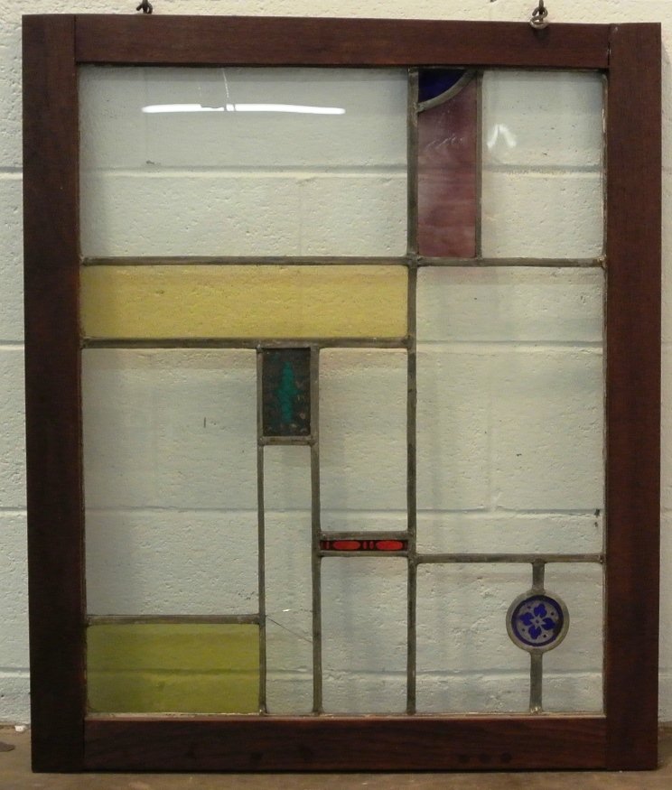 Arts n Crafts Leaded Glass Window: Nicely done arts n craft period leaded glass window. Outside measures 28x35". One clear glass panel at bottom left is cracked and needs replaced.