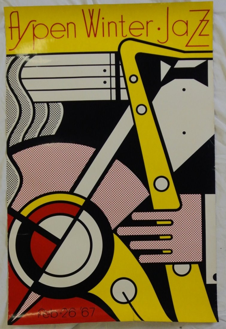 Roy Lichtenstein Aspen Winter Jazz Poster: Vintage 26x40" Aspen Jazz Poster on heavy stock, glossy front. Small 2.25" tear at bottom. Mounted are foam board. Can be shipped off board if so desired.