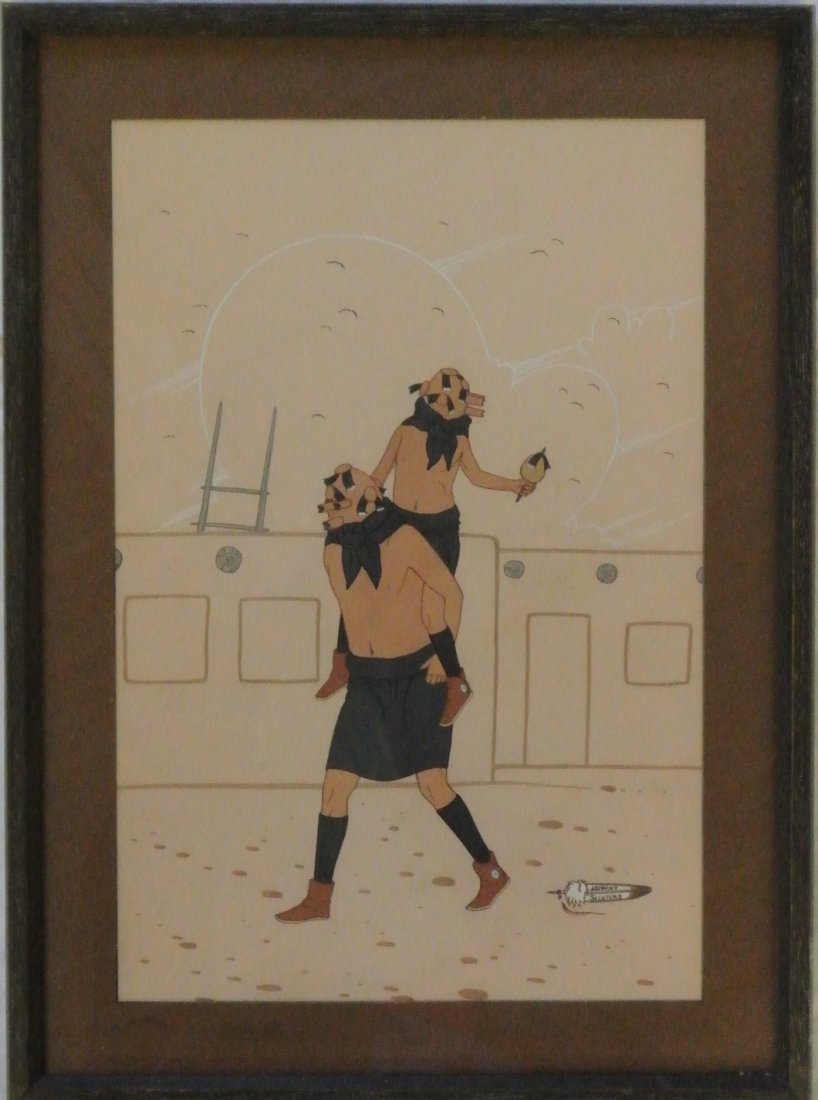 Hopi Artist Johnny Secatero (1945-2010) Tempura on: Tempera on Poster Board Painting by Hopi Artist Johnny Secatero (1945-2010). Titled â€œMudhead Kachina Dancersâ€, the image measures 10â€ x 15â€ and the frame measures 11â€ x 13.5â€
