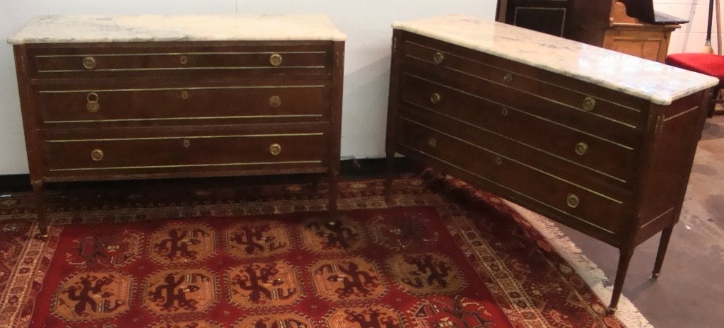 Pair of Early 20th c. Spanish Marble Top Dressers: Very nice pair of well made marble top dressers, 48x17x31". Two of the pulls are present but losse and need minor repair.