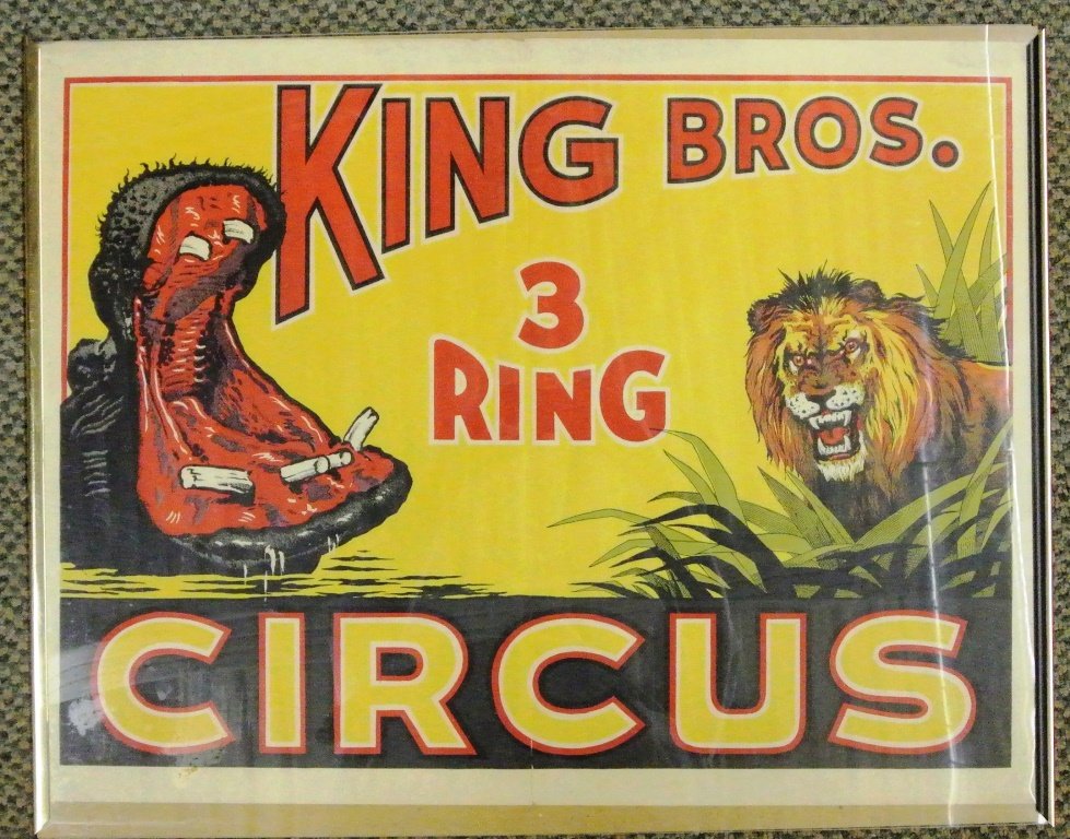 King Bros. 3 Ring Circus Poster Lion & Hippo: One sheet poster in very good overall condition. A few folds to not detract from this colorful poster. Will be shipped rolled in tube.