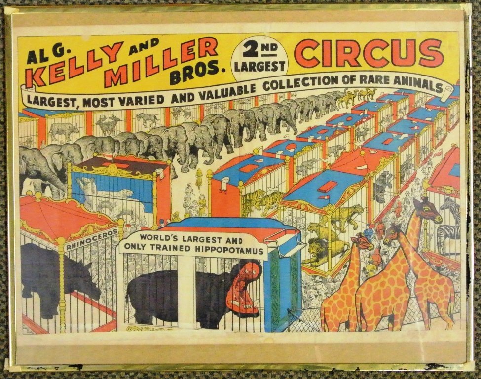 Kelly & Miller Circus Poster Circus Train: One sheet poster in very good overall condition. A few folds to not detract from this colorful poster. Some additional condition problems along the edges in the form of dirt and discoloration. Will be