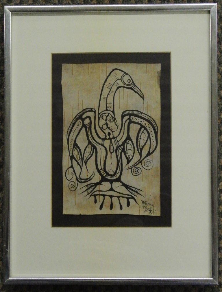 Acrylic on Birch Bark by Anishinaabe First Nations: Original Acrylic on Birch Bark by Anishinaabe First Nations Artist Roy Thomas. Painted directly on birch bark and dated 1980, the image measures 4.5” x 7” and the frame measures 9.34” x 12.75”