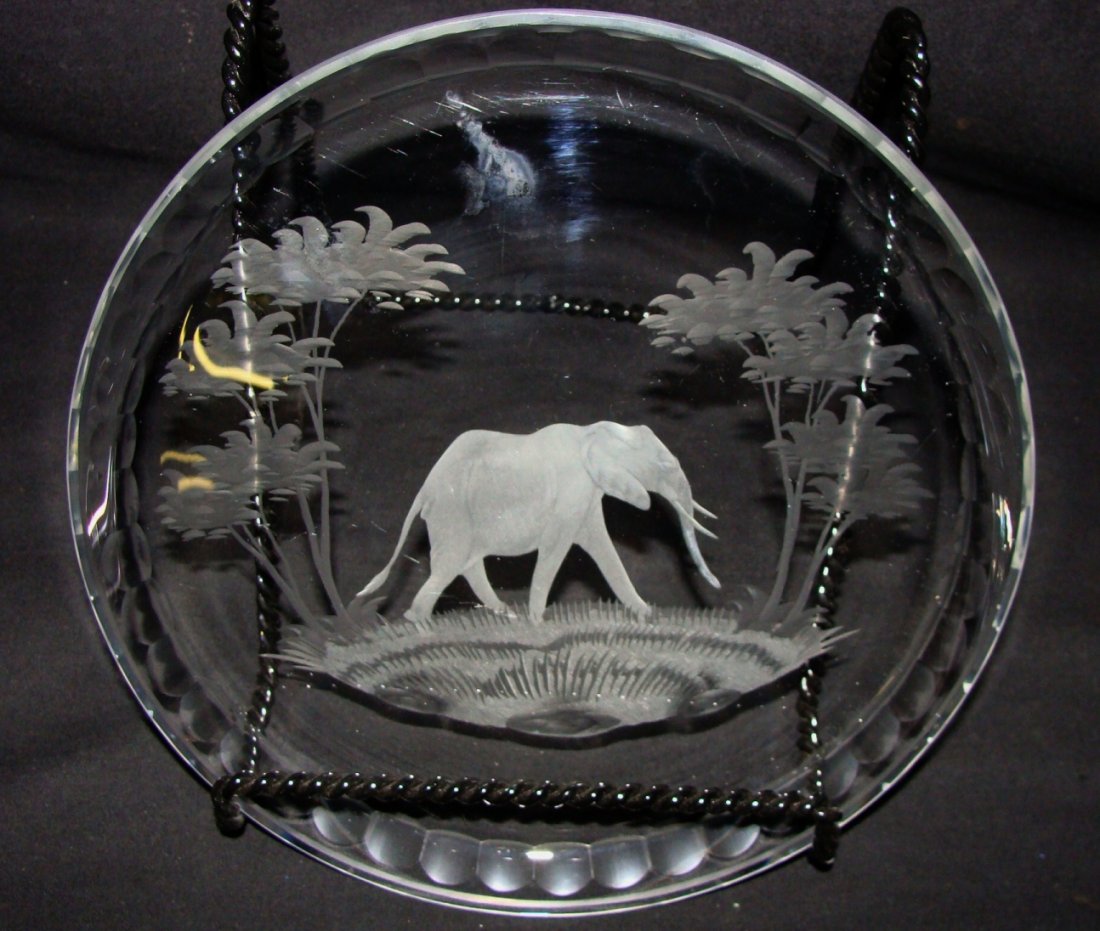 Rowland Ward Kenya African Elephant Platter: Unsigned, but in the Rowland Ward Moser Cut style, 7 3/4" diameter, each animal in the series in depicted, Gazelle, Elephant, Water Buffalo, Giraffe, Lion, and Rhino