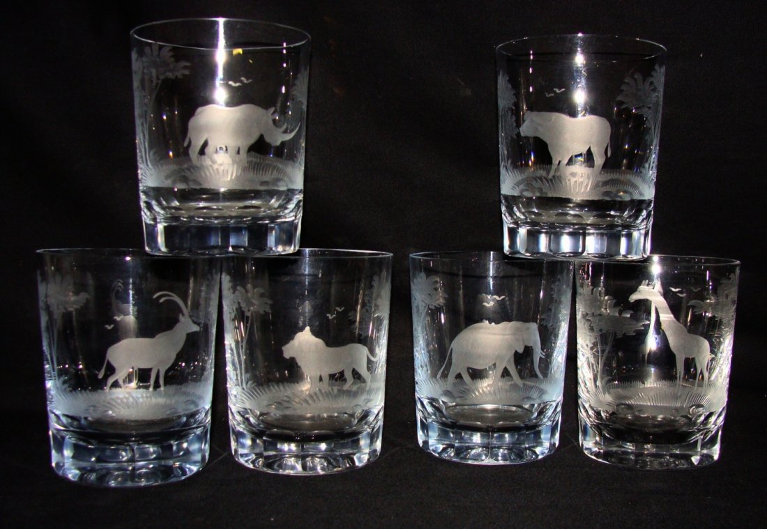 Set six 4" Tumblers Rowland Ward Moser Kenya African: Each animal in the series in depicted individually on a glass, Gazelle, Elephant, Water Buffalo, Giraffe, Lion, and Rhino, Unsigned.