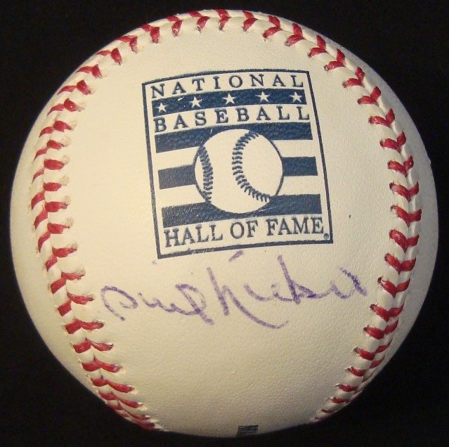 Phil Niekro Single Signed Baseball Hall of Fame Ball,: Phil Niekro Single Signed Baseball Hall of Fame Ball; National Baseball Hall of Fame MLB Bud Selig ball signed by Niekro on the heel in blue ballpoint pen; great signature by the Hall of Famer; comes