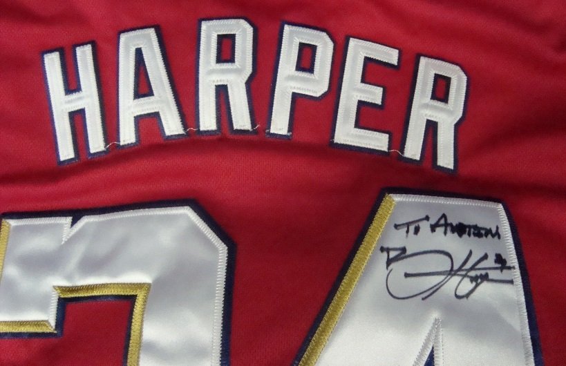 Bryce Harper Autographed Washington Nationals Jersey: Bryce Harper Autographed Washington Nationals Jersey; great Majestic Size 54 Harper jersey; red with white lettering and numbering; signed on the back over the '4' with 'To Austin, Brice Harper' inscr