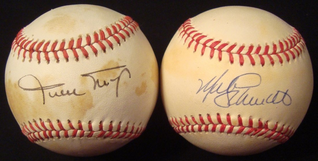 Willie Mays and Mike Schmidt Single Signed Baseballs,: Two Hall of Famer Single Signed Baseballs; includes Official National League Bert Giamatti ball signed by Mays on the sweet spot; nice signature in black ballpoint pen; scattered soiling across the pa