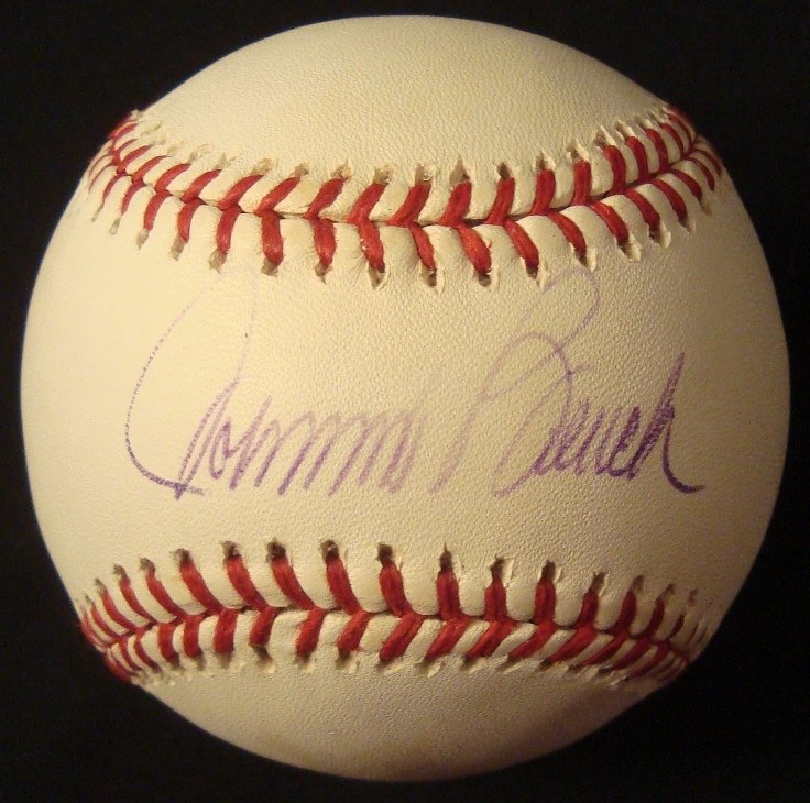 Johnny Bench Single Signed Baseball: Johnny Bench Single Signed Baseball; pristine Official MLB Bud Selig ball signed on the sweet spot by Bench in purple ballpoint pen; both signature and ball are high grade; comes with a JSA Basic Cert
