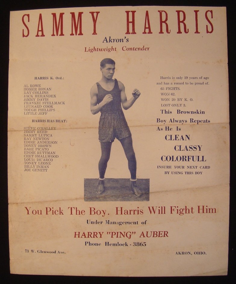 Early 1900's "Sensational" Sammy Harris Lightweight: Early 1900's "Sensational" Sammy Harris Lightweight Contender Boxing Broadside; very nice early boxing broadside that measures approx 9" x 11"; top has been cut off showing the word "Sensational"; bro