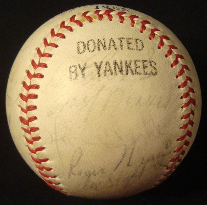 1965 New York Yankees Team Signed Baseball: 1965 New York Yankees Team Signed Baseball; Official League 'Donated by the Yankees' baseball including (24) signatures from the 1965 team; notables include Tom Tresh, Rich Beck, Bob Murcer, Clete Boy