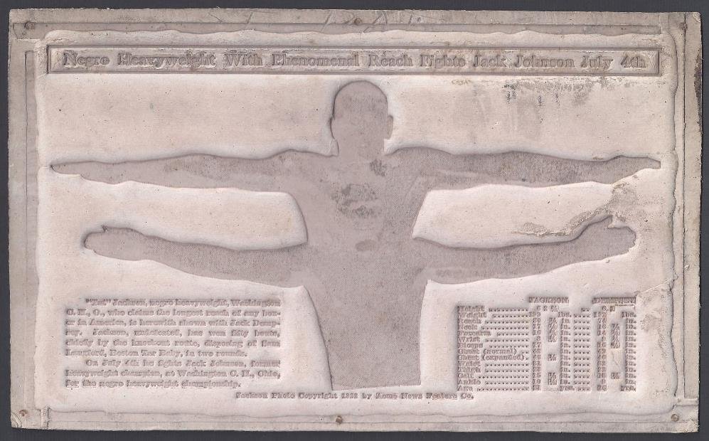 1922 Tut Jackson, Jack Johnson, Jack Dempsey Boxing: Outstanding 1922 Newspaper Boxing Printing Plate; plate measures approx 9-3/4" in length and 6" in height; headline reads "Negro Heavyweight With Phenomenal Reach Fights Jack Johnson July 4th; to the