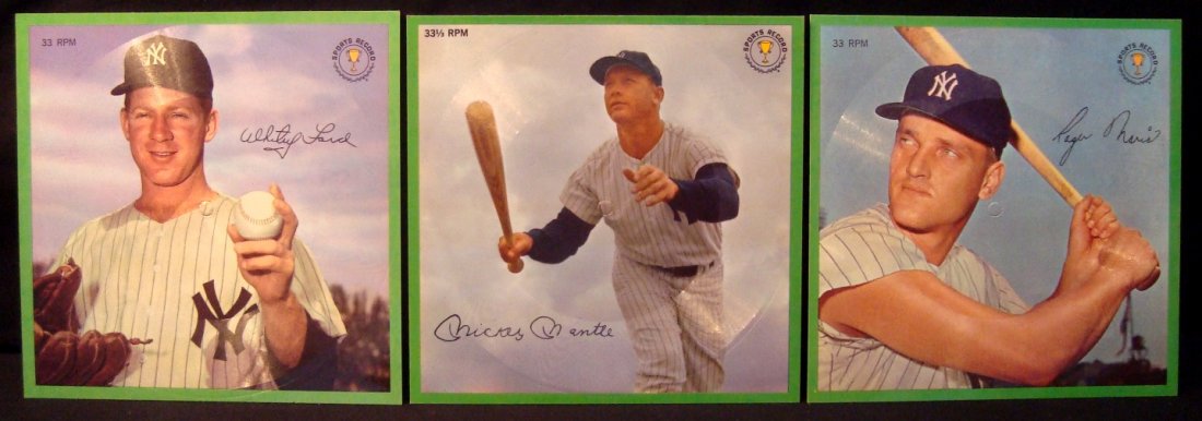 Lot of (3) 1964 Auravision Baseball Records, Mantle,: Lot of (3) 1964 Auravision Baseball Records; all in NM condition; includes Mickey Mantle, Roger Maris and Whitey Ford; fronts feature each player in full Yankees uniform; back sides shows a player pho
