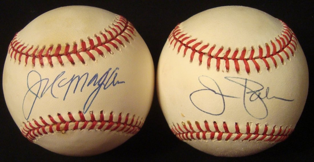 Jim Palmer and Joe Morgan Single Signed Baseballs, JSA: Pair of Hall of Famer Signed Baseballs; includes Official American League Bobby Brown ball signed by Palmer on the sweet spot in blue ballpoint pen; comes with a JSA Basic Cert #D58320; also includes 