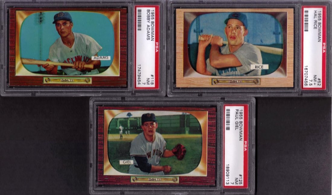 Lot of (3) 1955 Bowman Baseball Cards, PSA 7 w RC: Lot of (3) 1955 Bowman Baseball Cards; all graded PSA 7 or higher; includes #52 Hal Rice (NM+ 7.5), #118 Bobby Adams (NM 7) and #125 Paul Giel RC (NM 7); all nice cards with good coloring, centering a