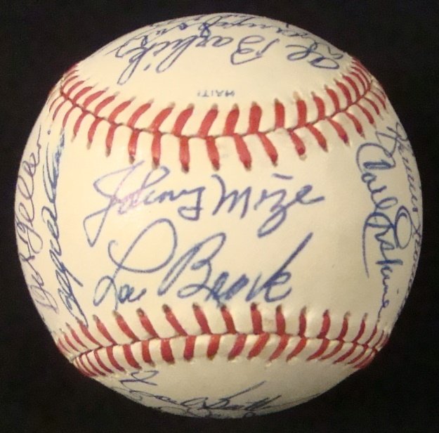 1990 All-Star Game Old Timers Signed Baseball: 1990 All-Star Game Old Timers Signed Baseball; Official 1990 All-Star Game baseball signed by (24) old time members; key signatures include HOFers Johnny Mize and Lou Brock on the sweet spot, Bob Fell