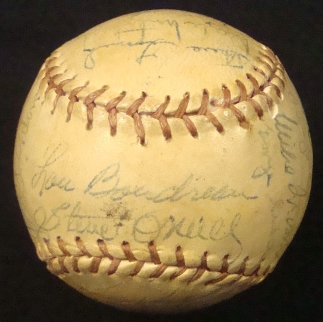 1949 Cleveland Indians Team Signed Baseball, (24 Sig): 1949 Cleveland Indians Team Signed Baseball; Special League ball signed by (24) members of the 1949 team; all signed in blue steel-tip fountain pen; key signatures include Lou Boudreau and Steve O'Nei