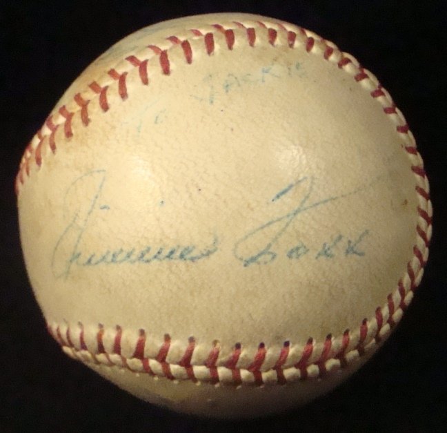 Jimmie Foxx Autographed Baseball: Circa 1950's Jimmie Foxx Autographed Baseball; Garfield Heights Little Boys League Baseball signed by Foxx on the heel in blue ballpoint pen; beautiful pronounced Foxx signature with 'To Jackie' inscr