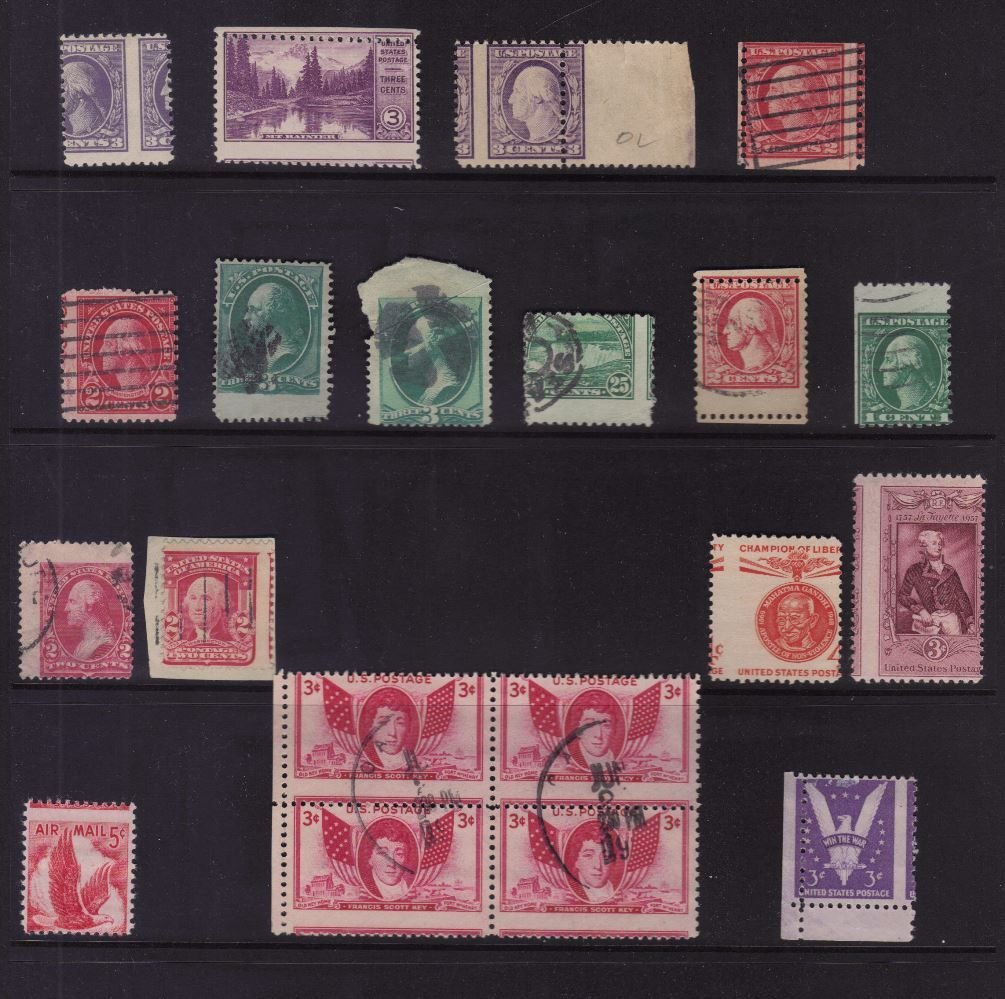 Intersting group of (17)different Perf Freaks: Interesting lot of various perf freaks on (17)singles and one block of 4, from banknotes to 3c commems. Many have perf shifts, other just odd perfs. Otherwise, most are sound. Est.$75-150