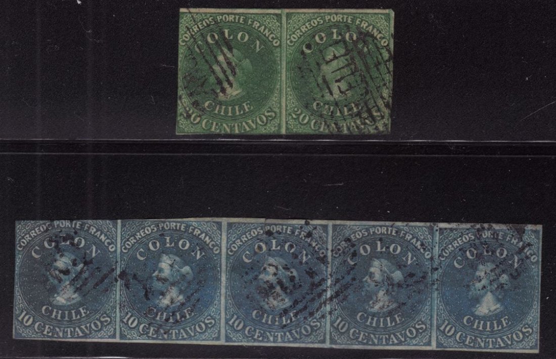 Chile Use Early Multiples: Useful multiples to include a strip of 5 Scott 12, Used Ave-F centering, center stamp has tear and two stamps have creases. Also, a pair of Scott 13, Sound with Ave-F centering. Est.$50-75
