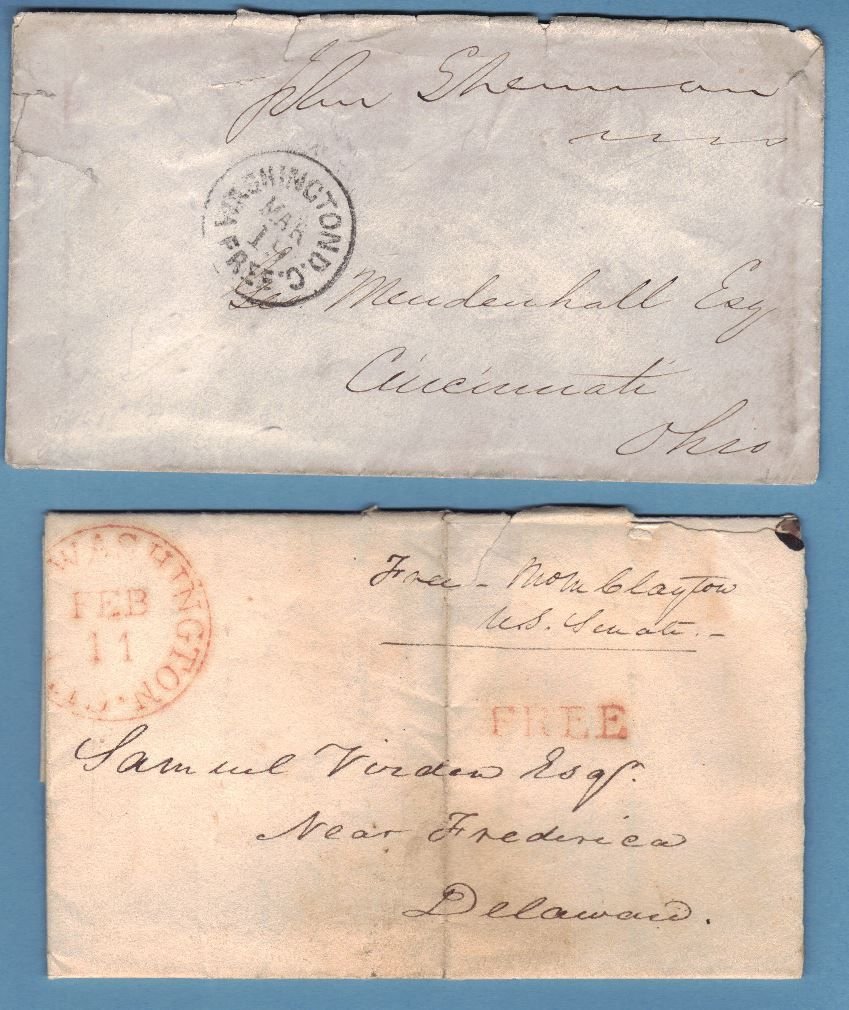 Pair of Senatorial 19th c. Free Frank Covers: Useful pair of 19th c. free frank Washington D.C. senatorial covers incl. John Sherman and John Clayton. Sherman is on a small cover, opened at top. Clayton is on an 1830 FL to Delaware with content. 