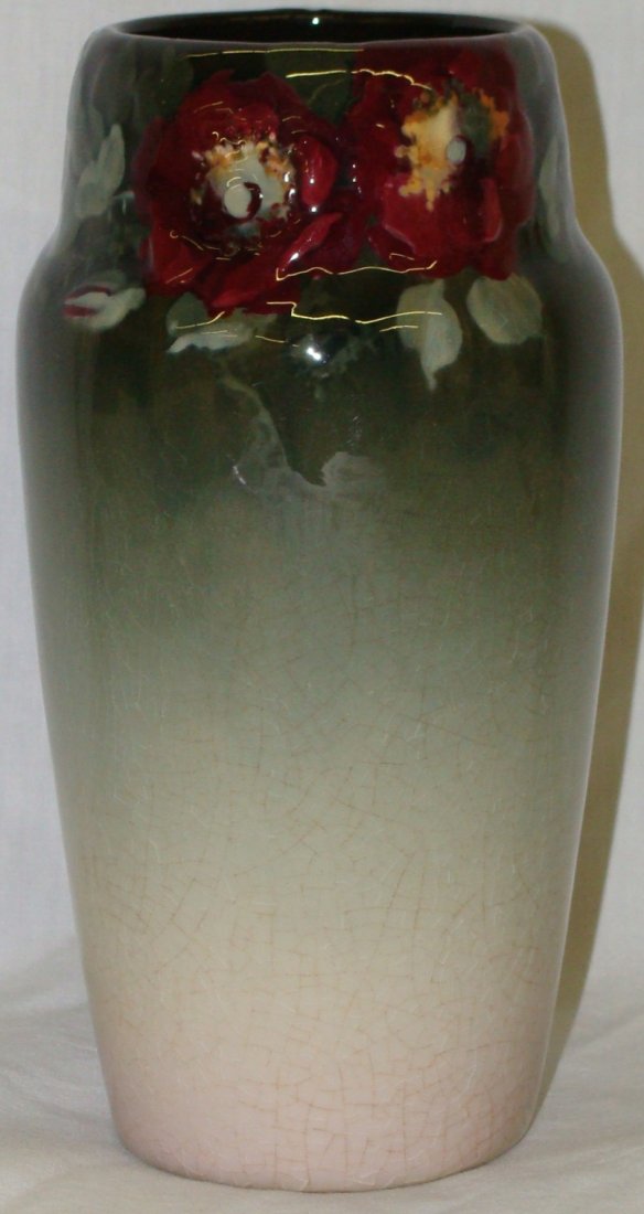 Weller Eocean C.L.L. Artist Signed Leffler Vase: 7" tall roses on rim, shows some crazing, attributed to Claude Leffler