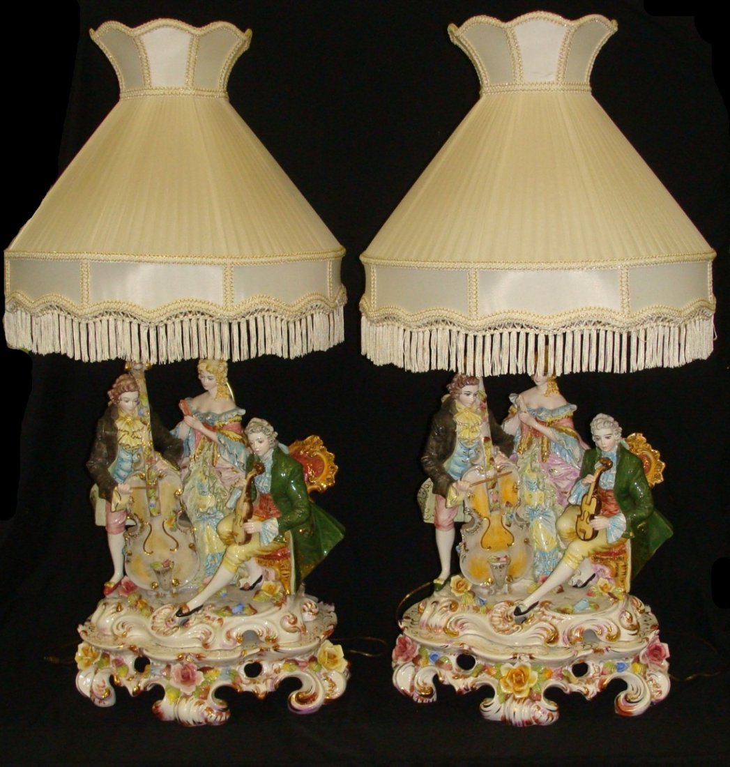Pair Capodimonte Musicians Figural Table Lamps 44"