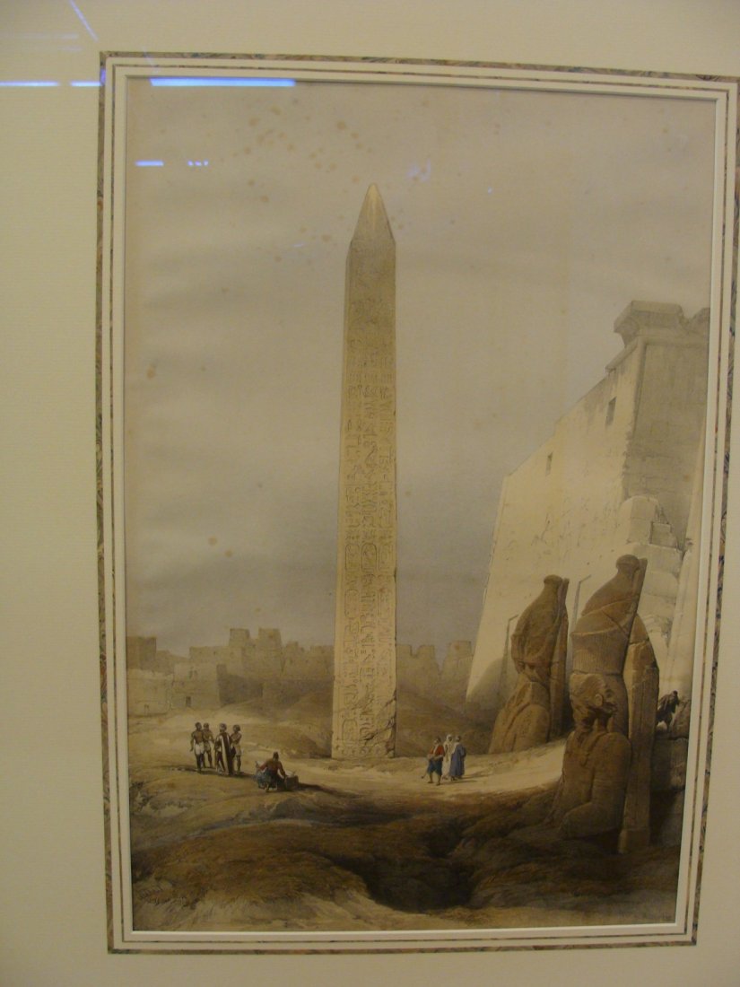 Obelisk at Luxor (1838) After David Roberts: Early Hand Colored Lithograph Has not been removed from the frame. Image size is 12 1/2" x 18 1/2", frame size is 22 x 28 1/4"