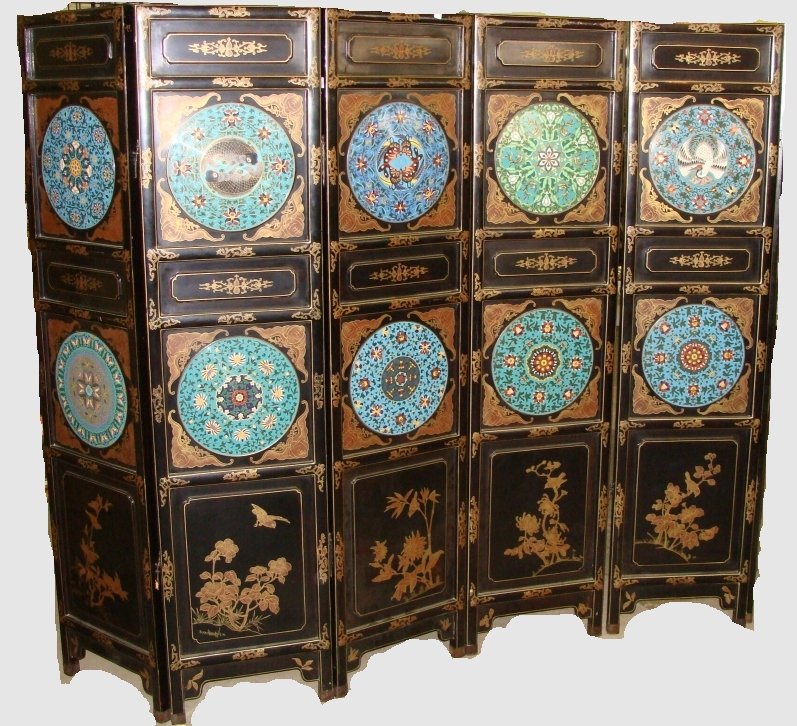 Black Lacquer Chinese 6 Panel Room Screen, Enamel on: Black Lacquer Chinese 6 Panel Room Screen, Enamel on Copper Medallions, each of the 6 panels is 17.25" x 72" tall, each panel is adorned with two enamel on copper medallion plates, and hand painted lo