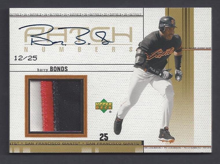 UD Barry Bonds Patch Numbers Ltd Ed Signed Game Worn: Upper Deck Barry Bonds Patch Numbers Limited Edition Autographed Game Worn Jersey Card; RARE limited edition #12/25 patch numbers '25' San Francisco Giants jersey piece with a very nice autograph from