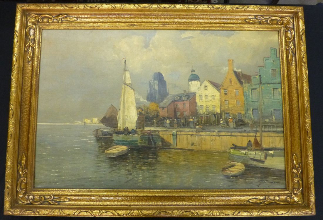 F. Wagner Oil on Canvas Dock Scene: 31 1/4" x 20 3/4", in the distinct style of Frederick R. Wagner(1864-1940) of Pennsylvania, however we could not match the signature to any on file.