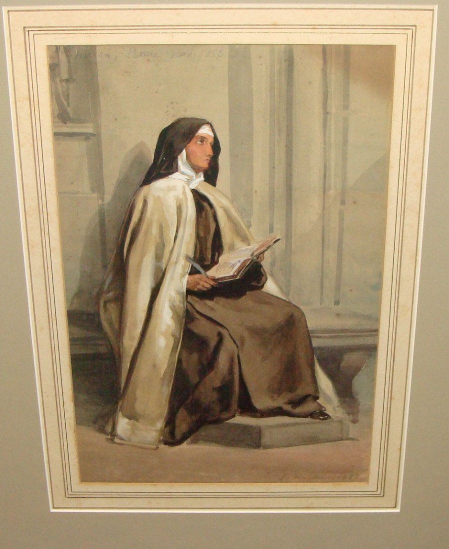 Signed Louis Haghe 1853 Watercolor Sister Theresa: Watercolor of Sister Theresa of Rome, signed lower right, also dated and titled across the top. 9" x 13 1/2"