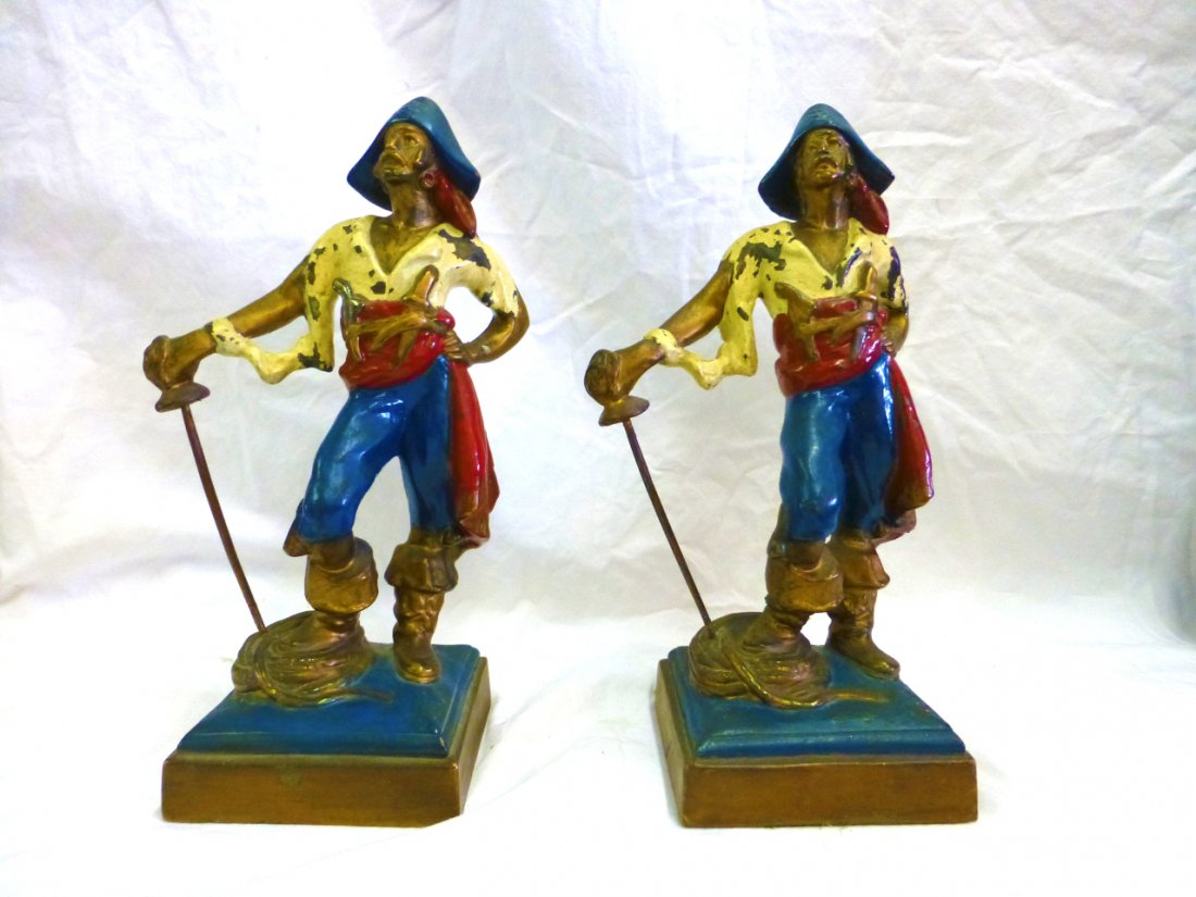 Paul Herzel Pirate Buccaneer Bronze Bookends: 10" tall, some flaking to the paint